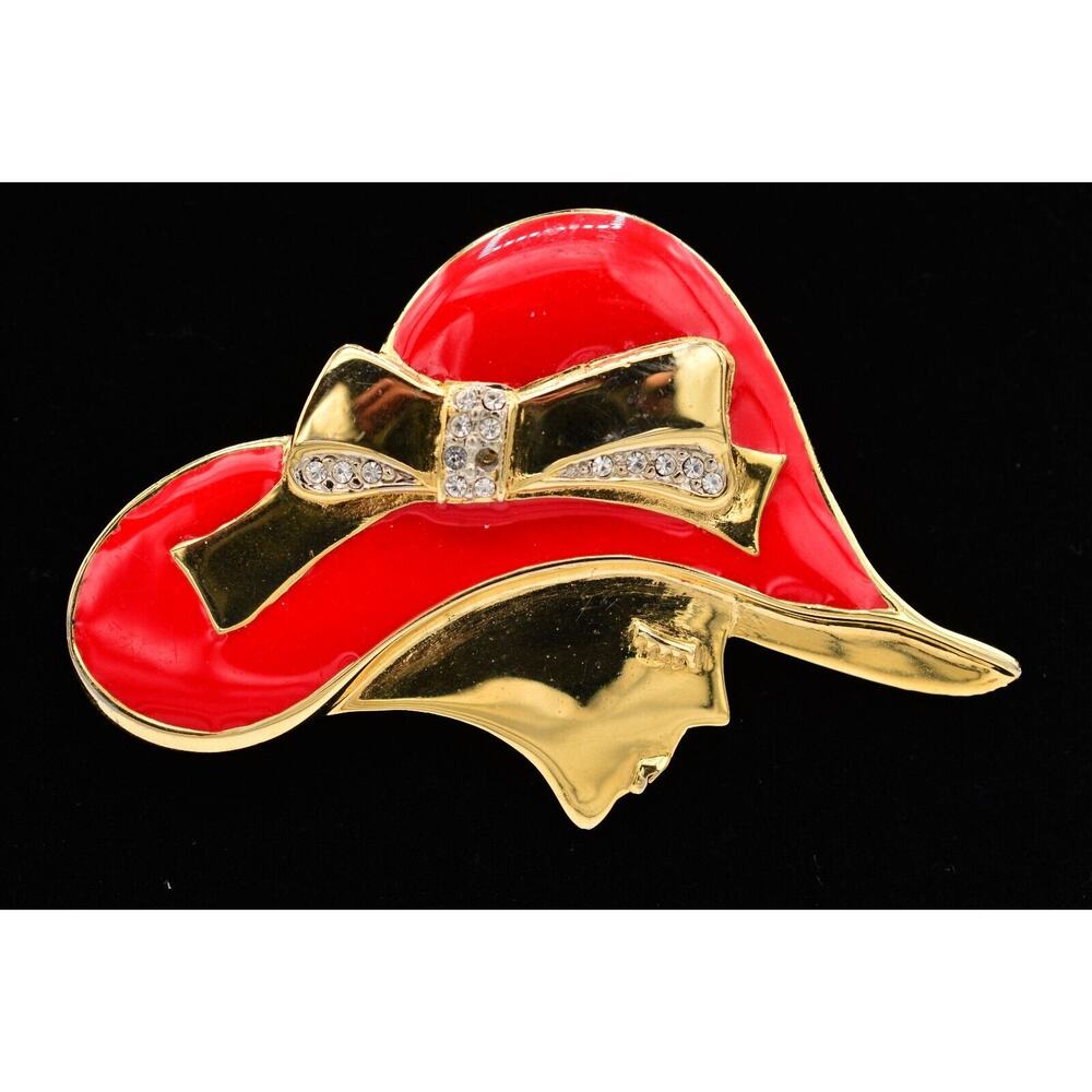 Vintage Red Hat Pin Brooch Woman Chunky Enamel Rhinestone Crystal 1980s BinAL